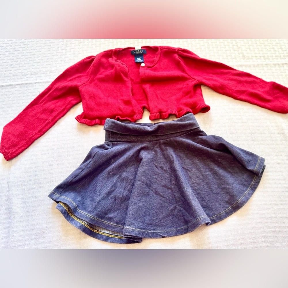 Girls 3T Outfit – Chaps Red Ruffle Cardigan & Old Navy‎ Denim Skirt